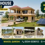 115 Kanal farm house for sale, Fateh Jang Pindi Kahp. 3-bed double-storey, 2 water dams, solar 6KW, CCTV, livestock sheds. Rs 7.5 Crore.